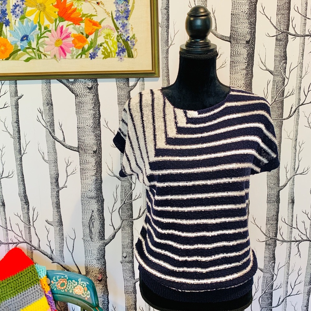 Vintage 80s 90s Boatneck Stripe Color Block Navy Knit Shirt Sleeve Nautical Top
